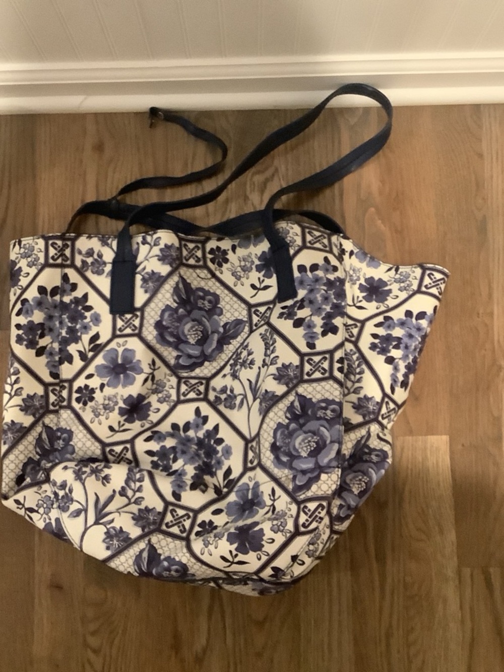 Blue and White Floral Print Tote Bag with Navy Straps by Tabitha Webb